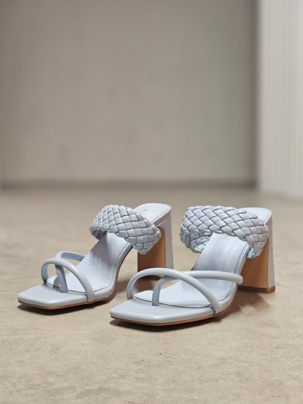 Braided Strap Block Heel Sandals In Light Blue With Square Toe Design